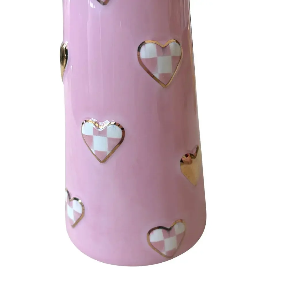 NEW Mackenzie-Childs Rosy Check Short Heart Vase In Original Box
